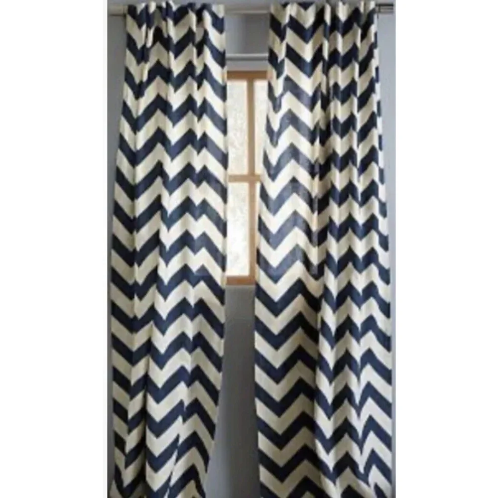 West Elm Curtain 2 Panels 48x84” Zigzag Chevron Blue Lagoon With 2 Navy Sheers